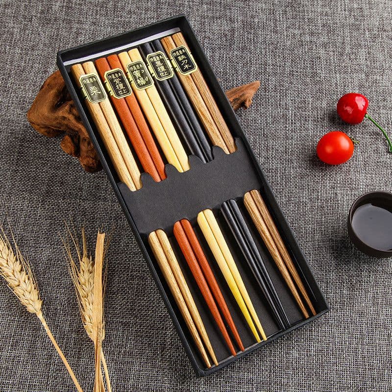image-Japanese Bamboo Chopsticks Set - 5 Pairs Non-Slip Wooden with Gift Box