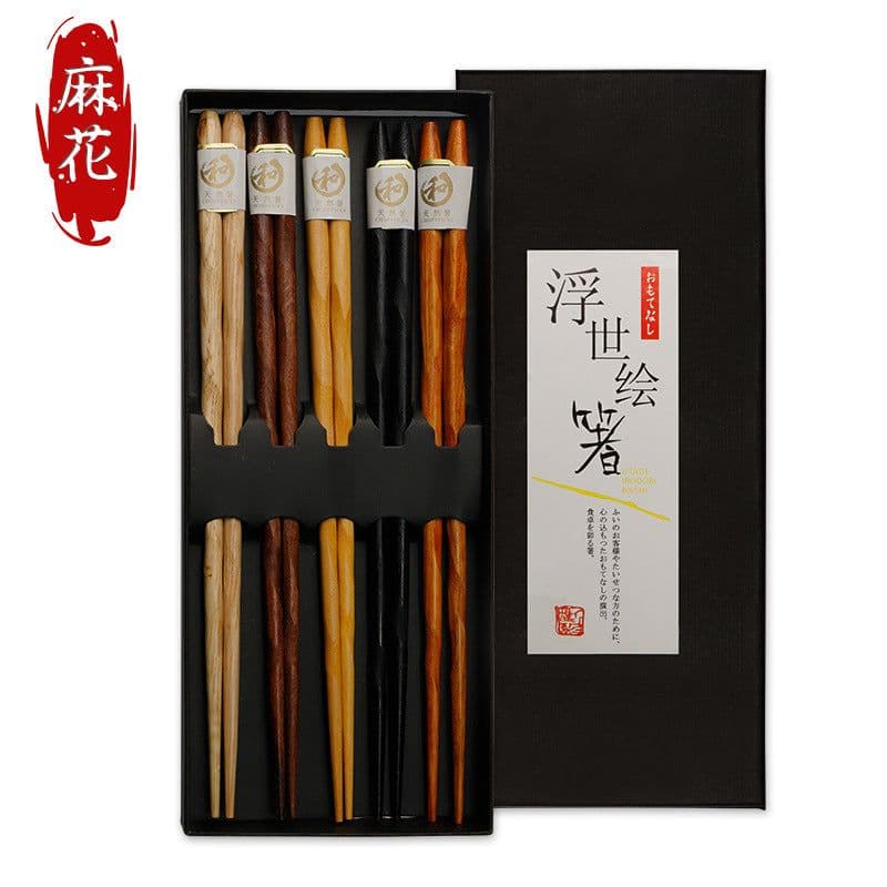 image-Japanese Bamboo Chopsticks Set - 5 Pairs Non-Slip Wooden with Gift Box