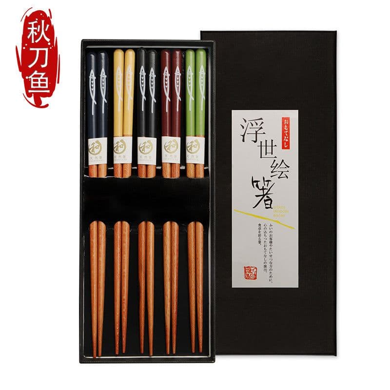 image-Japanese Bamboo Chopsticks Set - 5 Pairs Non-Slip Wooden with Gift Box