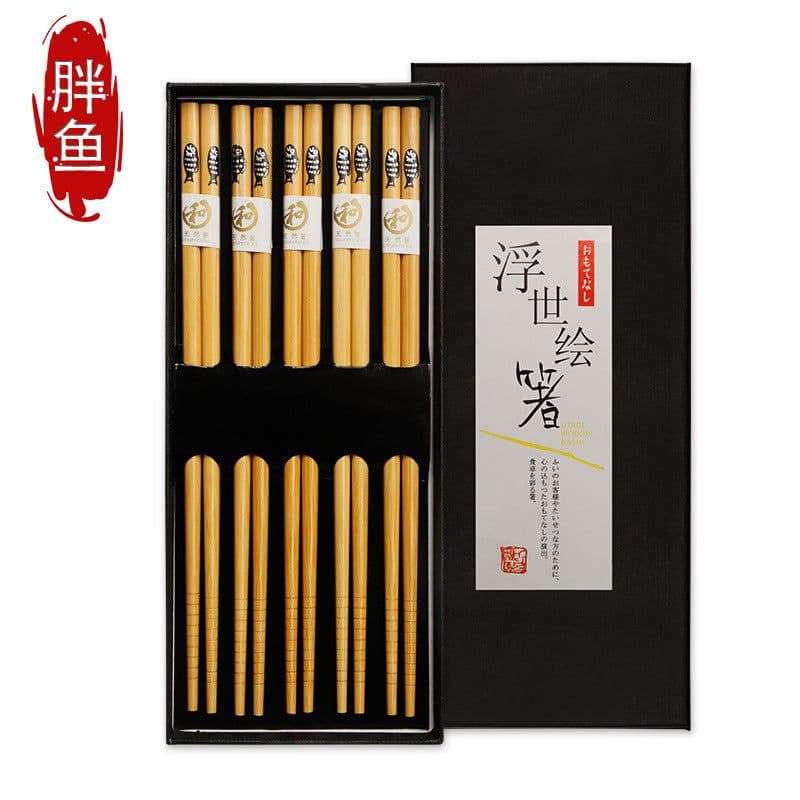image-Japanese Bamboo Chopsticks Set - 5 Pairs Non-Slip Wooden with Gift Box