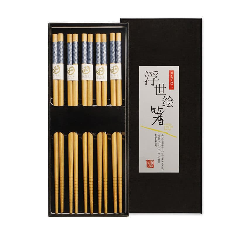 image-Japanese Bamboo Chopsticks Set - 5 Pairs Non-Slip Wooden with Gift Box