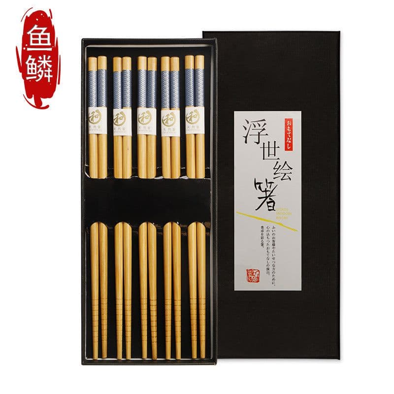 image-Japanese Bamboo Chopsticks Set - 5 Pairs Non-Slip Wooden with Gift Box