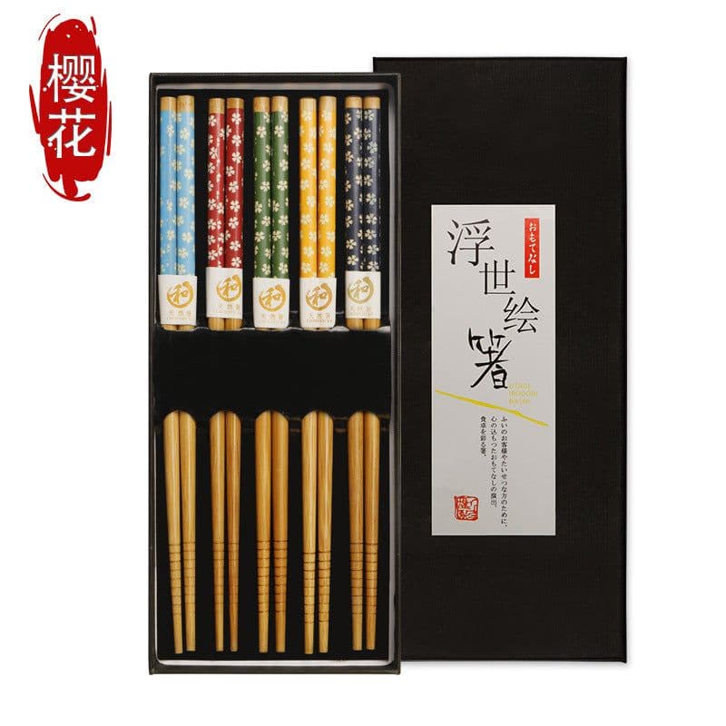 image-Japanese Bamboo Chopsticks Set - 5 Pairs Non-Slip Wooden with Gift Box