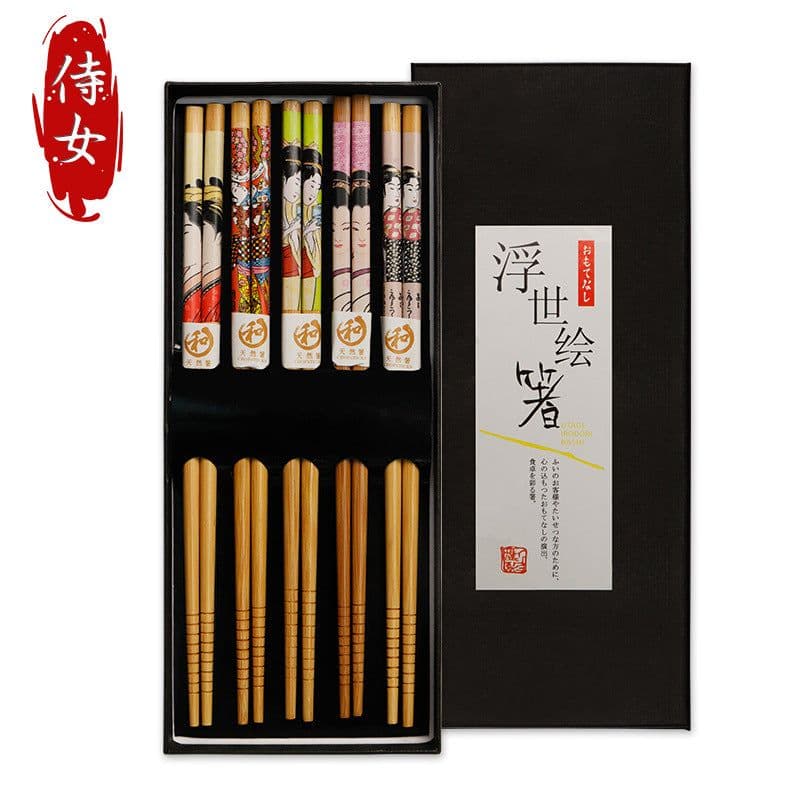 image-Japanese Bamboo Chopsticks Set - 5 Pairs Non-Slip Wooden with Gift Box