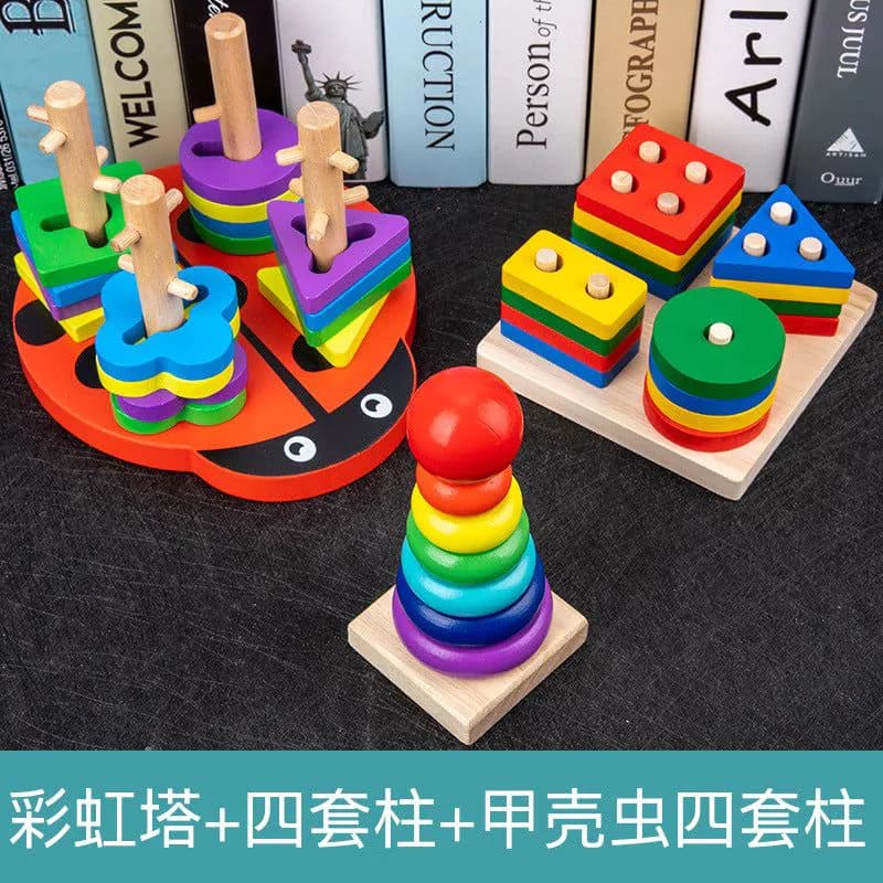 image-Wooden Rainbow Tower Stacking Toy Set for Infants Ages 0-3