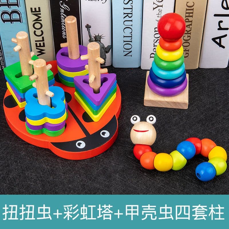 image-Wooden Rainbow Tower Stacking Toy Set for Infants Ages 0-3