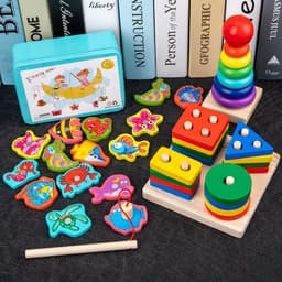 image-Wooden Rainbow Tower Stacking Toy Set for Infants Ages 0-3