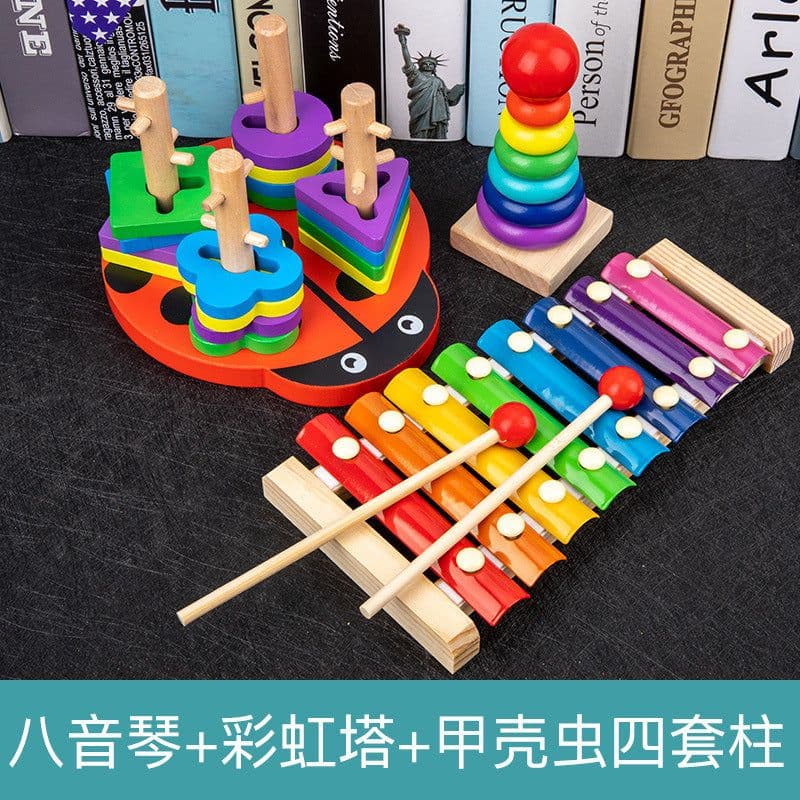 image-Wooden Rainbow Tower Stacking Toy Set for Infants Ages 0-3