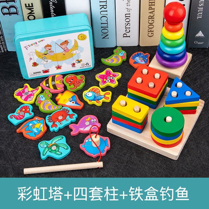 image-Wooden Rainbow Tower Stacking Toy Set for Infants Ages 0-3