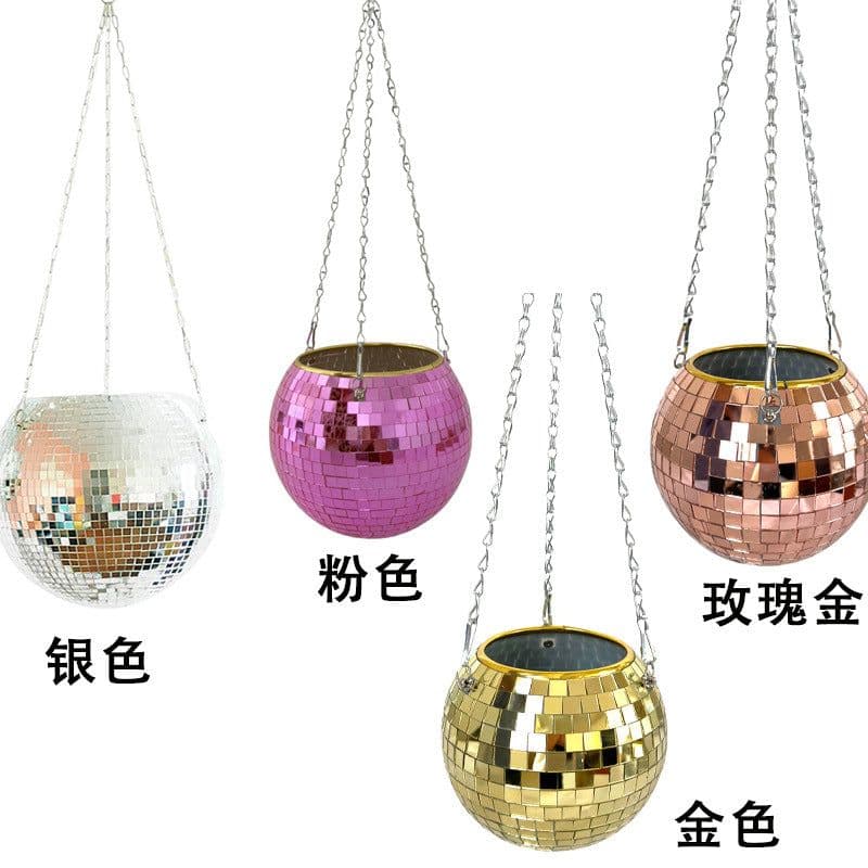 image-Mirror Disco Ball Hanging Planter Pot 25cm Indoor Gardening Basket
