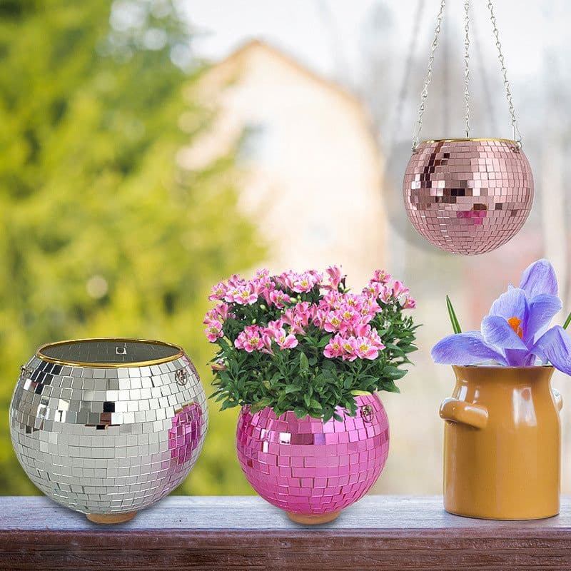image-Mirror Disco Ball Hanging Planter Pot 25cm Indoor Gardening Basket