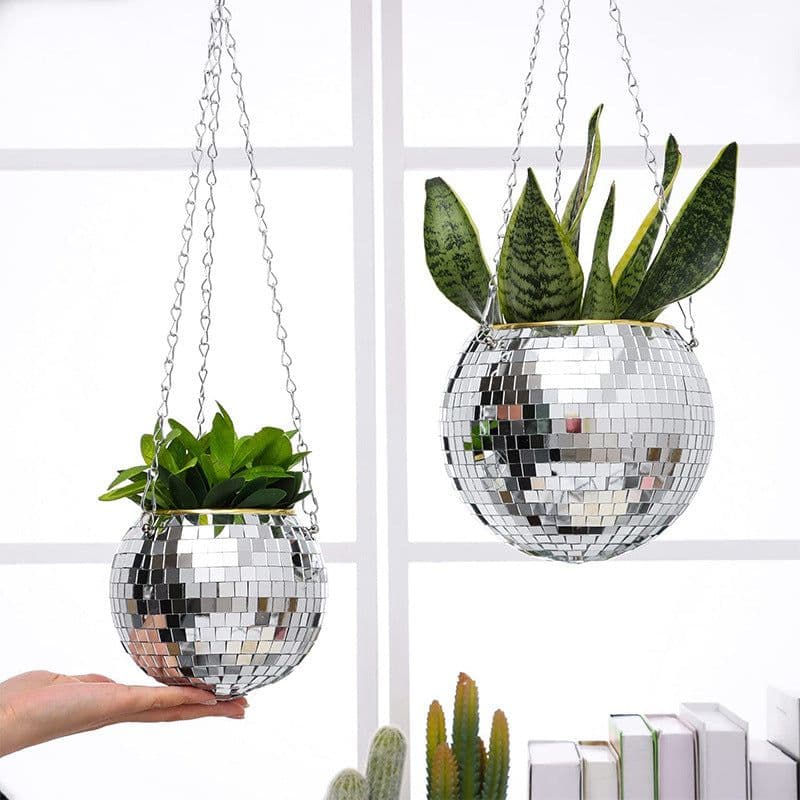 image-Mirror Disco Ball Hanging Planter Pot 25cm Indoor Gardening Basket