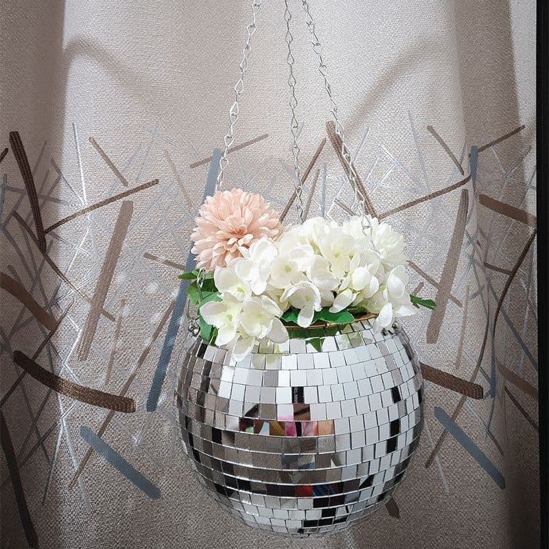 image-Mirror Disco Ball Hanging Planter Pot 25cm Indoor Gardening Basket