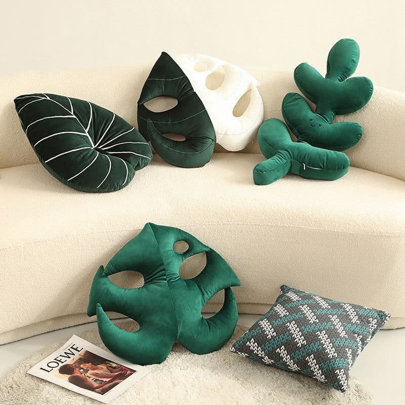 image-Green Leaves Monstera Pillow 40x40cm Velvet Plant Cushion