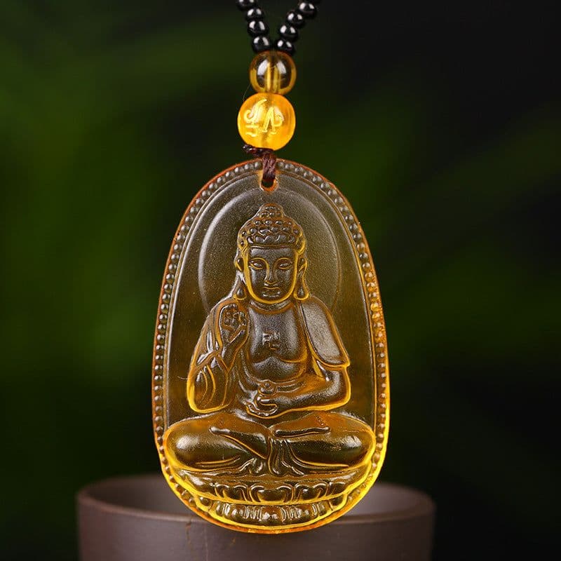 image-Citrine Glass Zodiac Buddha Guardian Pendant Necklace