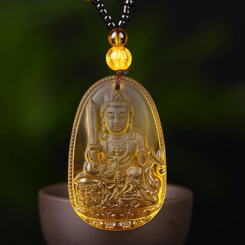 image-Citrine Glass Zodiac Buddha Guardian Pendant Necklace