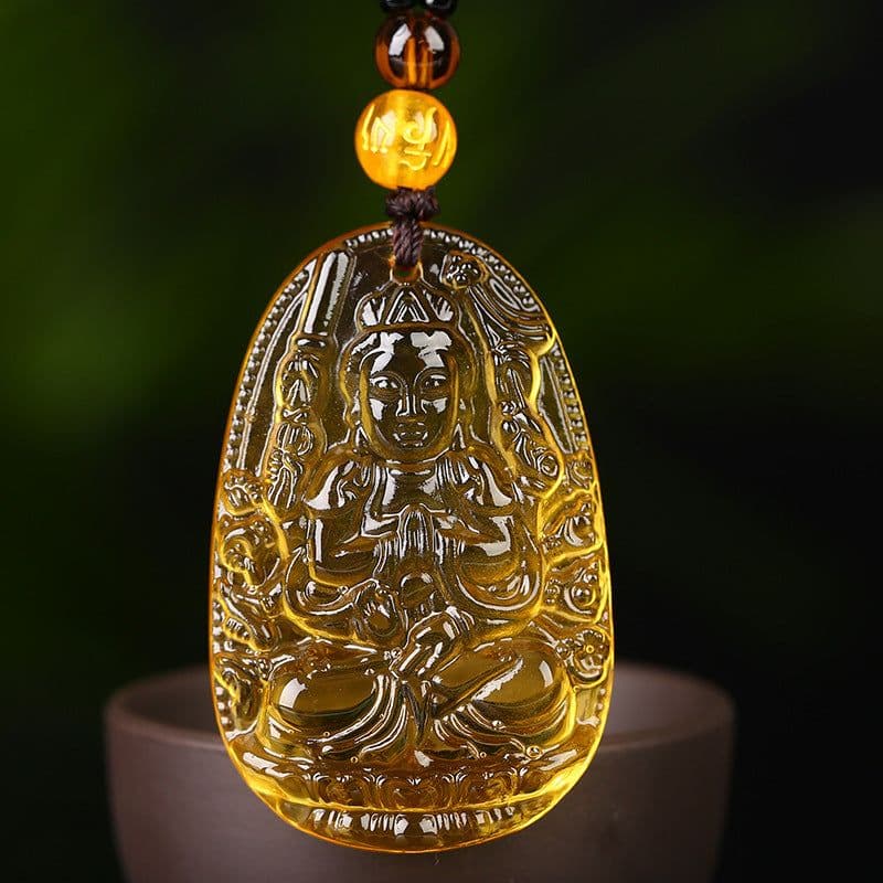 image-Citrine Glass Zodiac Buddha Guardian Pendant Necklace