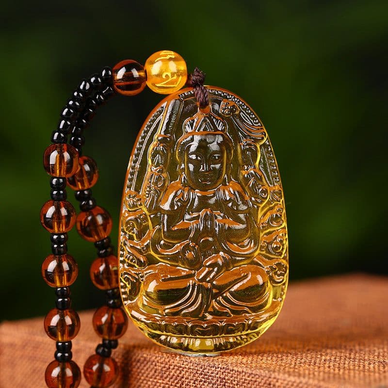 image-Citrine Glass Zodiac Buddha Guardian Pendant Necklace