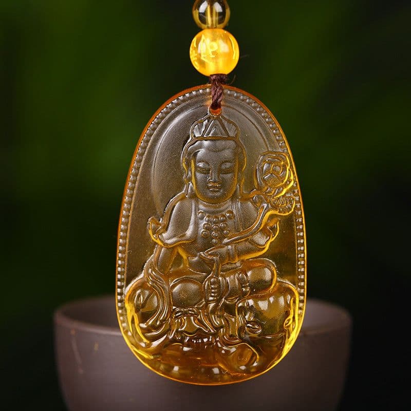 image-Citrine Glass Zodiac Buddha Guardian Pendant Necklace