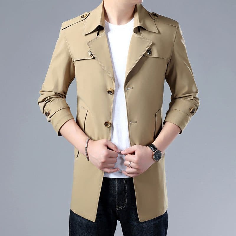 image-Men's Mid-Length Windbreaker Jacket Polyester Lapel Coat