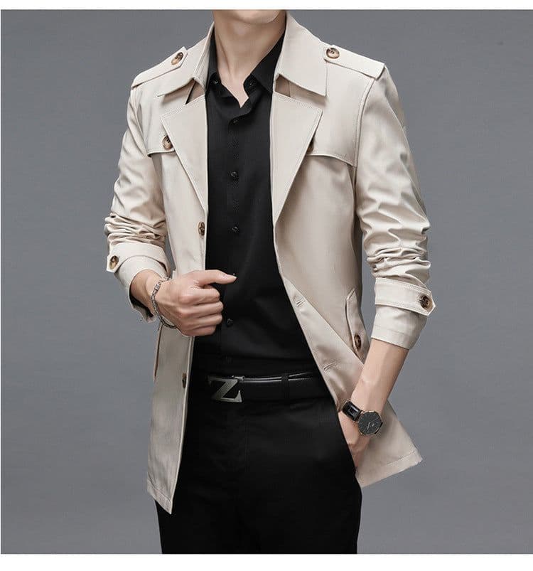 image-Men's Mid-Length Windbreaker Jacket Polyester Lapel Coat