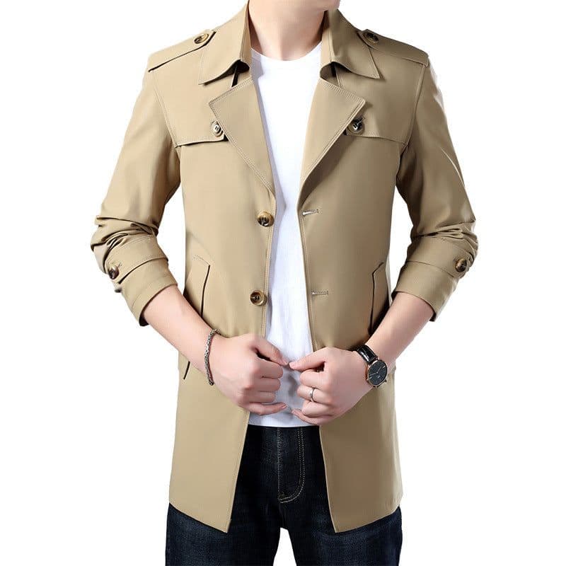 image-Men's Mid-Length Windbreaker Jacket Polyester Lapel Coat