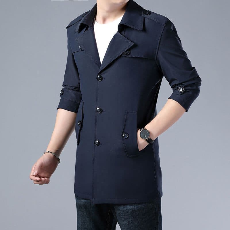 image-Men's Mid-Length Windbreaker Jacket Polyester Lapel Coat