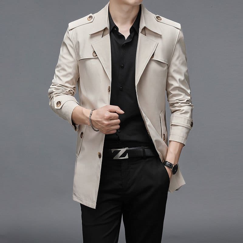image-Men's Mid-Length Windbreaker Jacket Polyester Lapel Coat