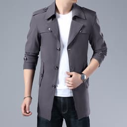image-Men's Mid-Length Windbreaker Jacket Polyester Lapel Coat