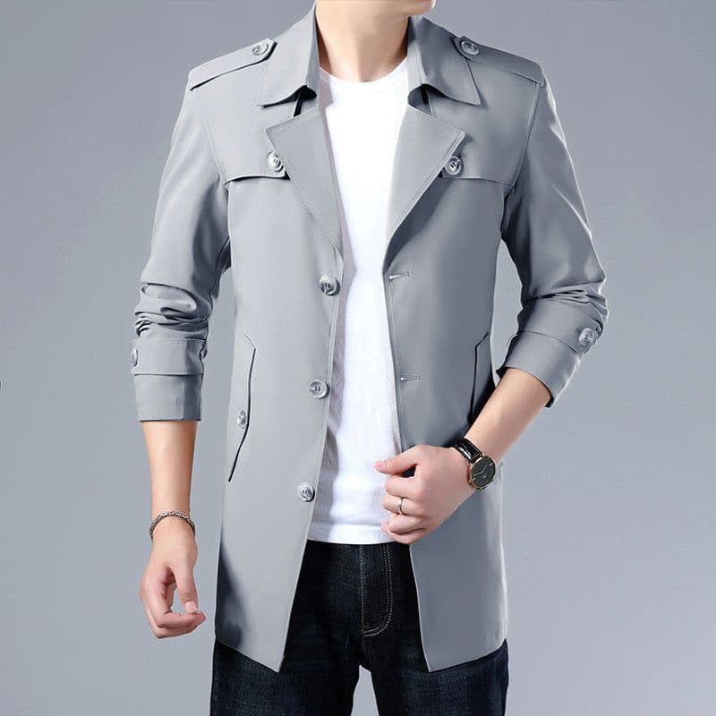 image-Men's Mid-Length Windbreaker Jacket Polyester Lapel Coat