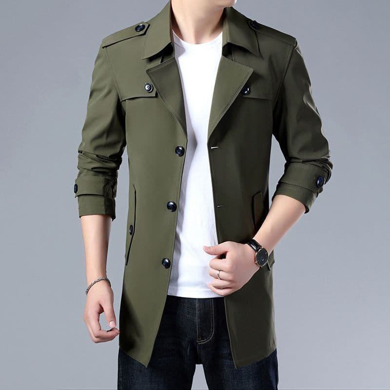 image-Men's Mid-Length Windbreaker Jacket Polyester Lapel Coat