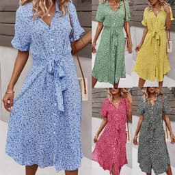 image-Yunbao Clothing Women's Printed Midi Dress Short Sleeve Polo Collar