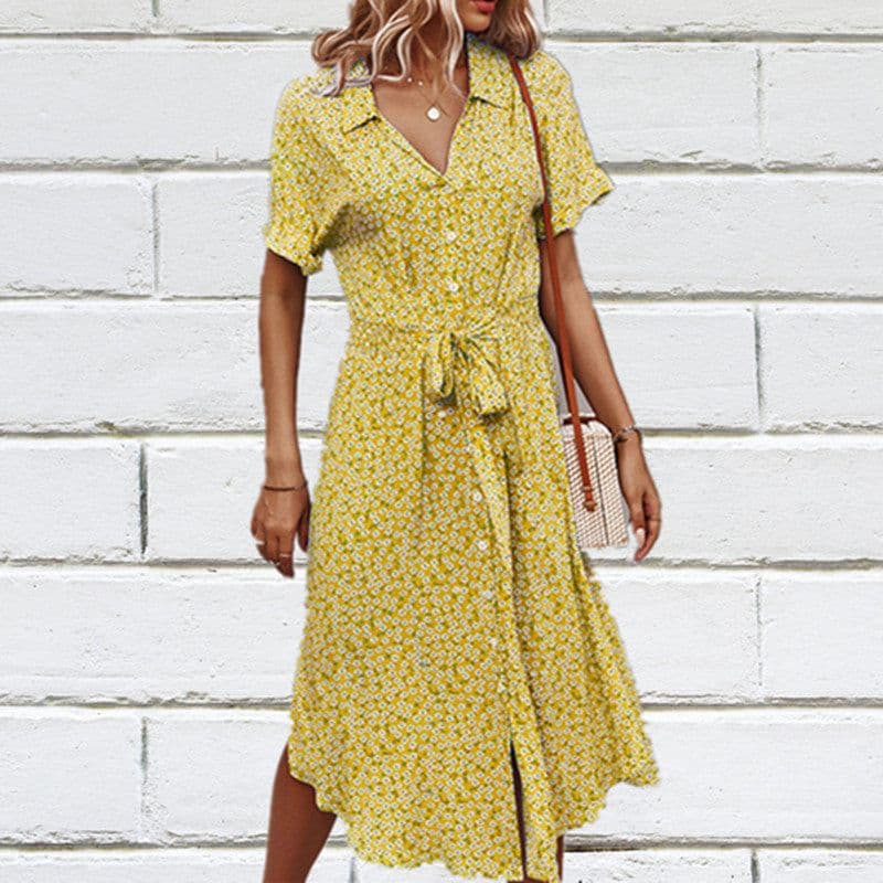 image-Yunbao Clothing Women's Printed Midi Dress Short Sleeve Polo Collar