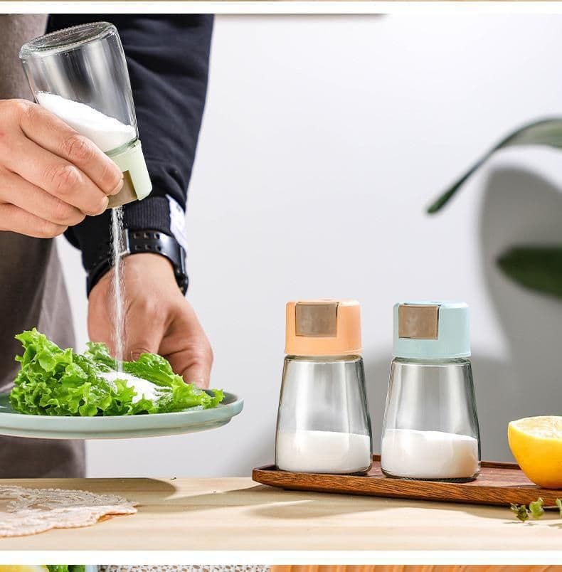 image-Glass Salt Dispenser Jar with Quantitative Control - Beige