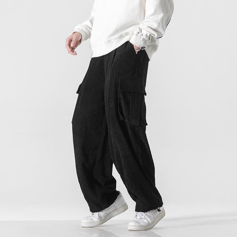 image-Men's Corduroy Loose Straight Casual Pants Mid Waist Trousers