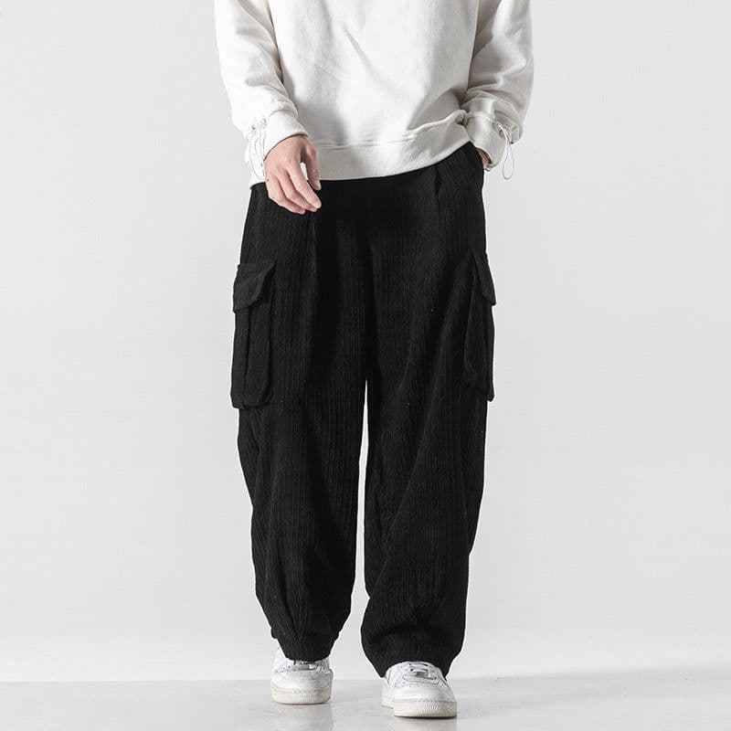 image-Men's Corduroy Loose Straight Casual Pants Mid Waist Trousers