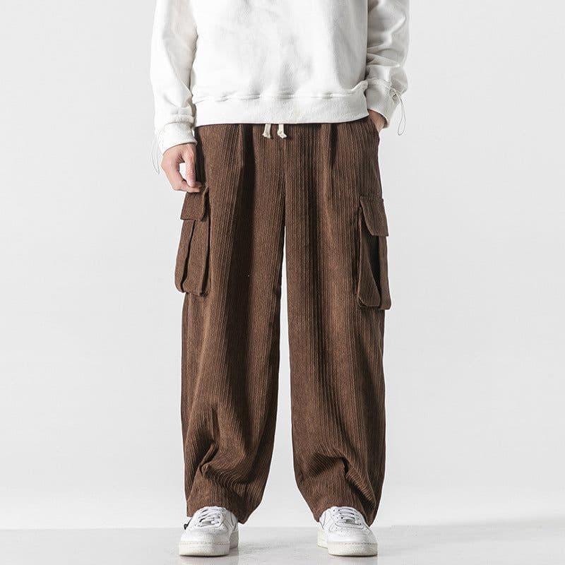 image-Men's Corduroy Loose Straight Casual Pants Mid Waist Trousers