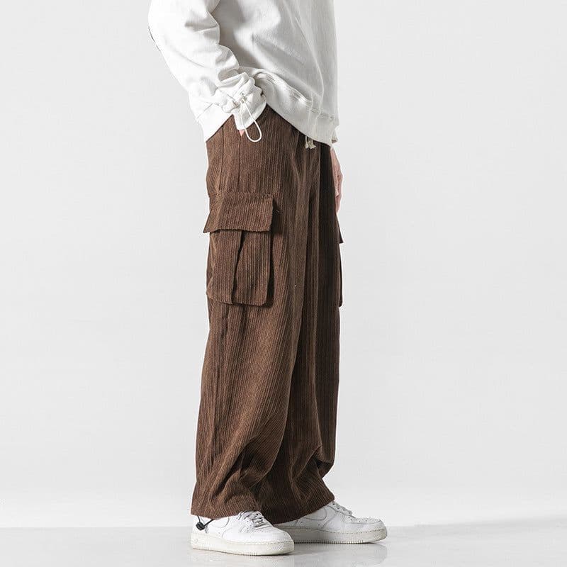 image-Men's Corduroy Loose Straight Casual Pants Mid Waist Trousers