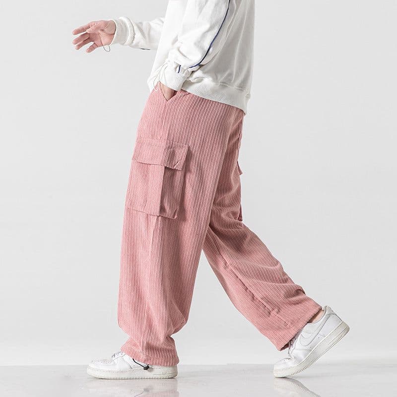 image-Men's Corduroy Loose Straight Casual Pants Mid Waist Trousers