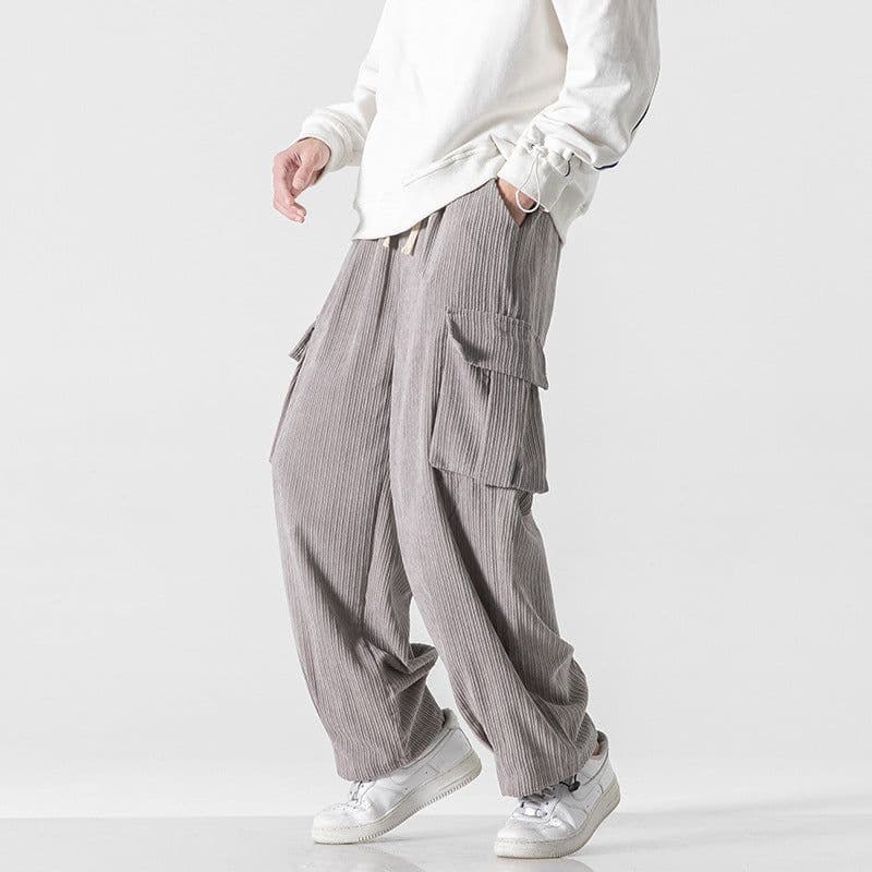 image-Men's Corduroy Loose Straight Casual Pants Mid Waist Trousers