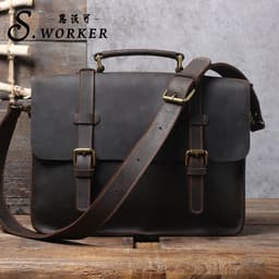 image-Genuine Leather Backpack Briefcase Business Bag Top Layer Cowhide