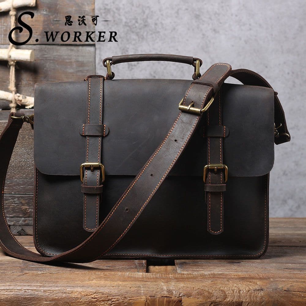 image-Genuine Leather Backpack Briefcase Business Bag Top Layer Cowhide