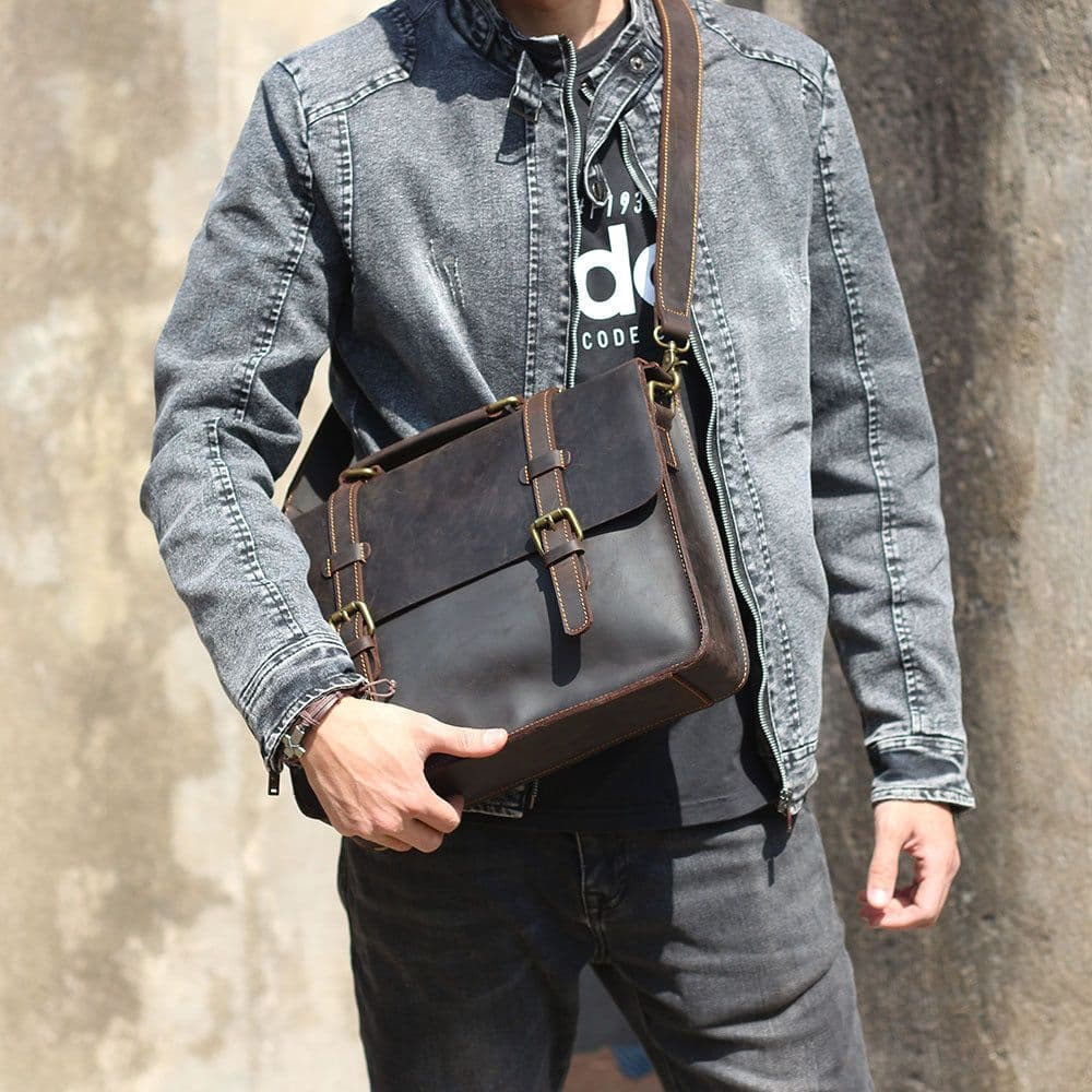 image-Genuine Leather Backpack Briefcase Business Bag Top Layer Cowhide