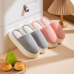 image-Unisex Plush House Slippers Thick Sole Grey Slip-On Indoor Shoes