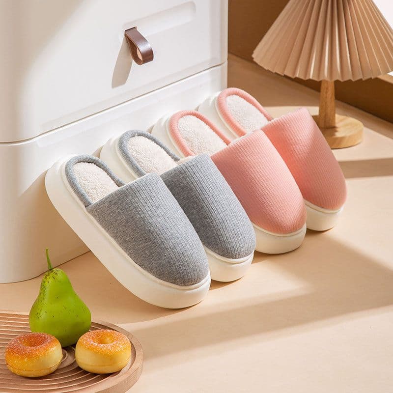 image-Unisex Plush House Slippers Thick Sole Grey Slip-On Indoor Shoes
