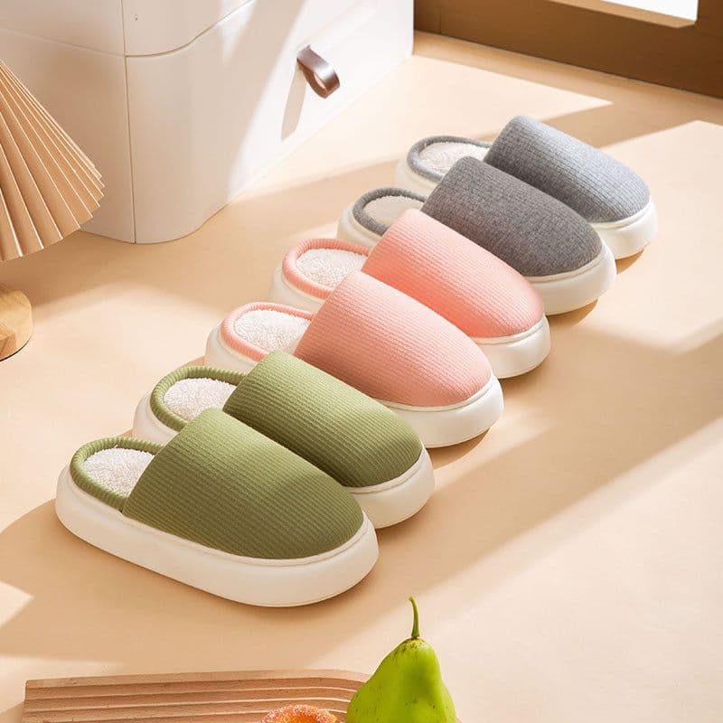 image-Unisex Plush House Slippers Thick Sole Grey Slip-On Indoor Shoes