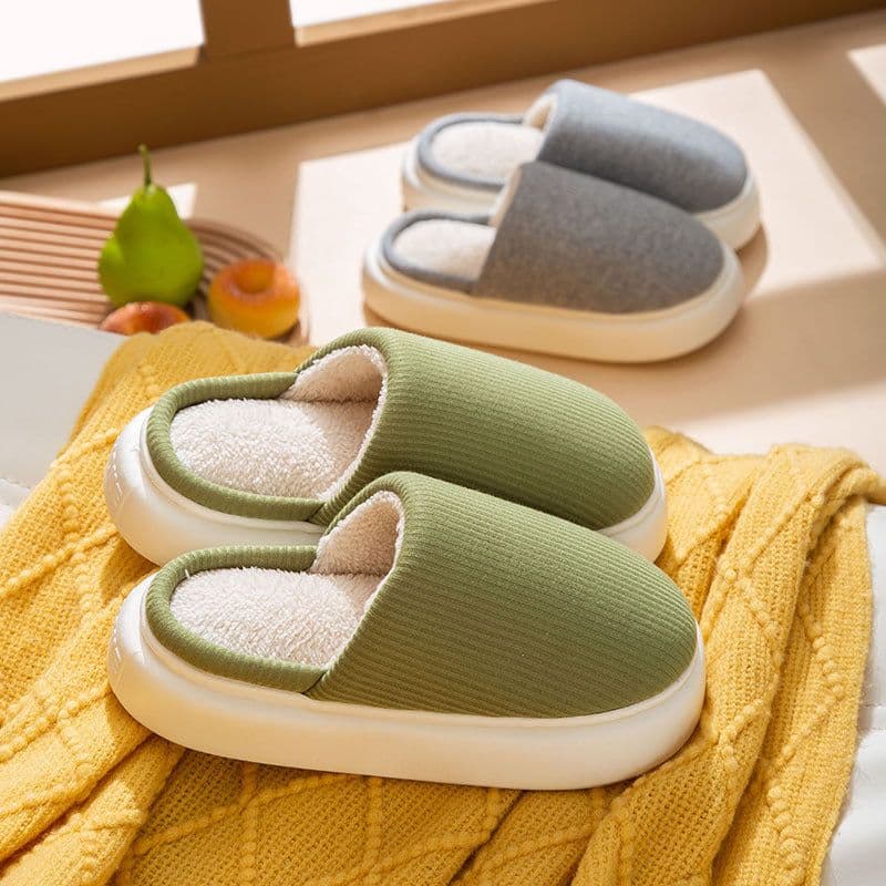 image-Unisex Plush House Slippers Thick Sole Grey Slip-On Indoor Shoes