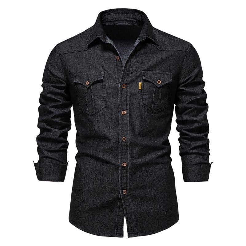 image-Men's Long Sleeve Denim Shirt Solid Color Casual Slim Fit