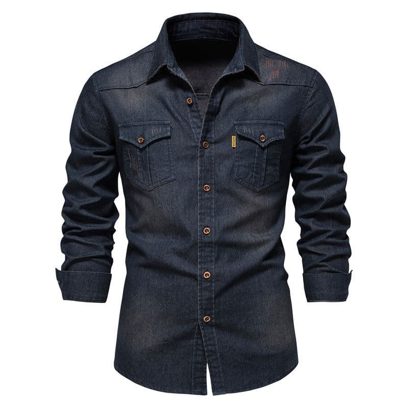 image-Men's Long Sleeve Denim Shirt Solid Color Casual Slim Fit