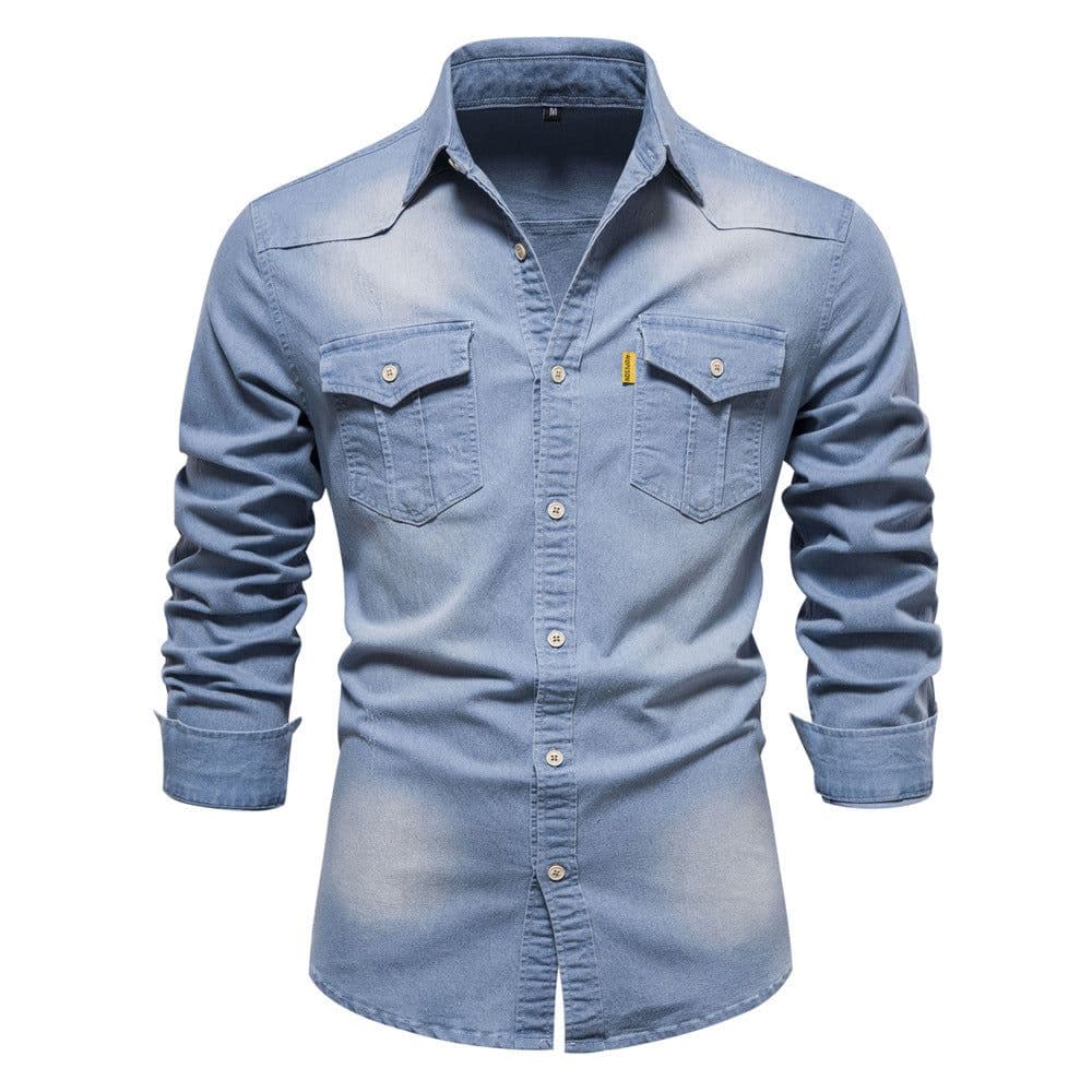 image-Men's Long Sleeve Denim Shirt Solid Color Casual Slim Fit